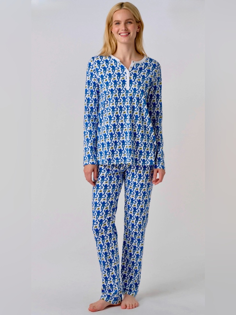 EUC ROLLER RABBIT Original Long Sleeve Henley Monkey Pajama Set L Blue/White